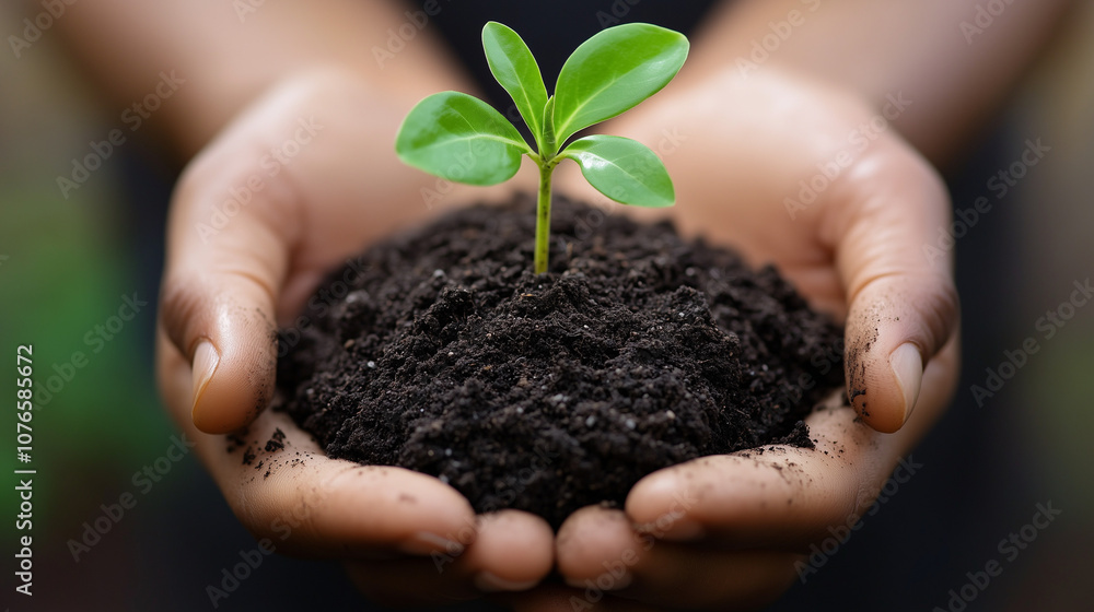 Closeup Of Seedling Growing In Soil Held By Hands Closeup Of Seedling Growing In Soil Held By Hands