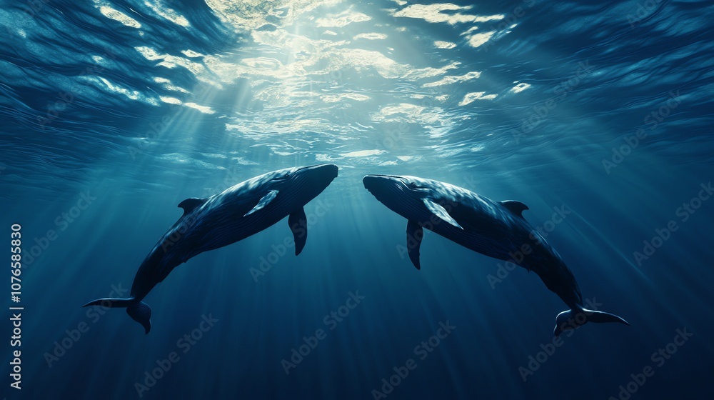 Two humpback whales swimming in the ocean. Two humpback whales swimming in the ocean.