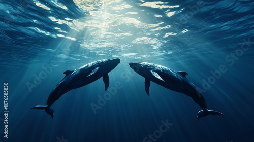 Two humpback whales swimming in the ocean.