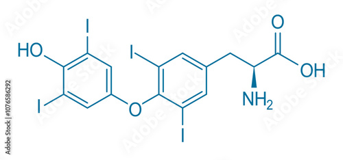 Thyroxine chemical formula, atomic structure of molecule
