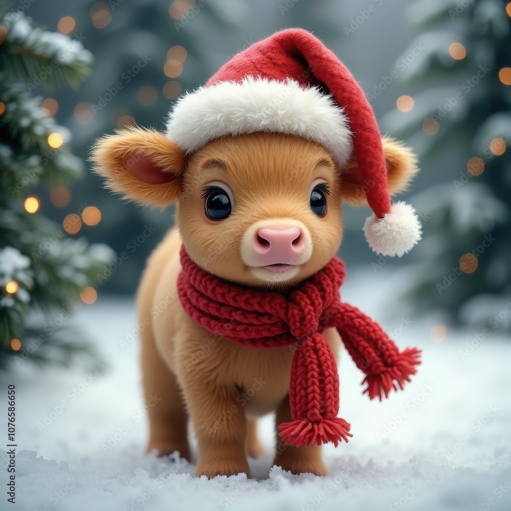 Adorable calf wearing a festive red Santa hat and scarf in a snowy winter scene with sparkling lights. Banner, background for Christmas, holiday themes Adorable calf wearing a festive red Santa hat and scarf in a snowy winter scene with sparkling lights. Banner, background for Christmas, holiday themes