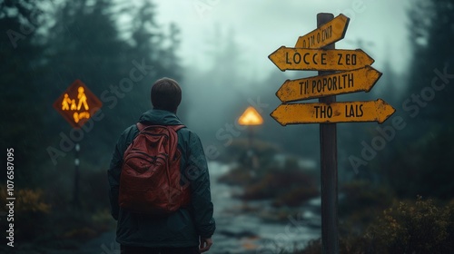 Man with Backpack Standing at a Crossroads in the Rain