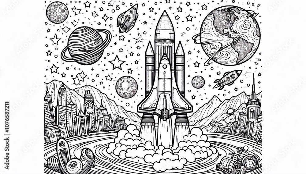 Rocket flies in space. Coloring page Rocket flies in space. Coloring page