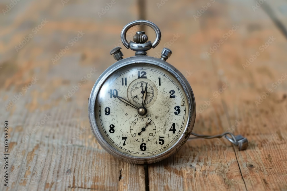 Old pocket watch with a distressed face resting on a wooden background Old pocket watch with a distressed face resting on a wooden background