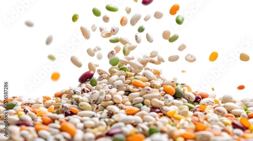 A colorful assortment of various beans scattered against a white background.