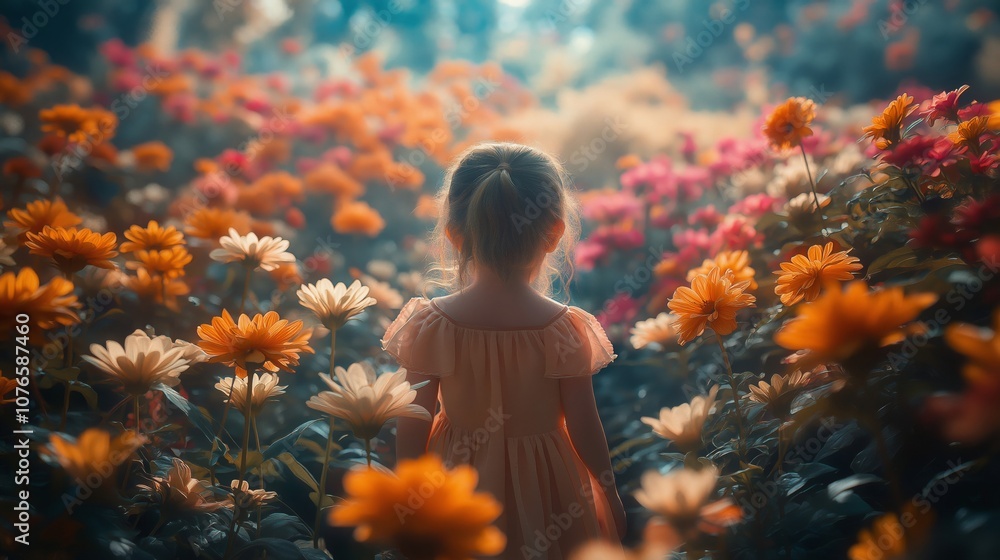 Girl in a Flower Field with Sunbeams Back View Girl in a Flower Field with Sunbeams Back View