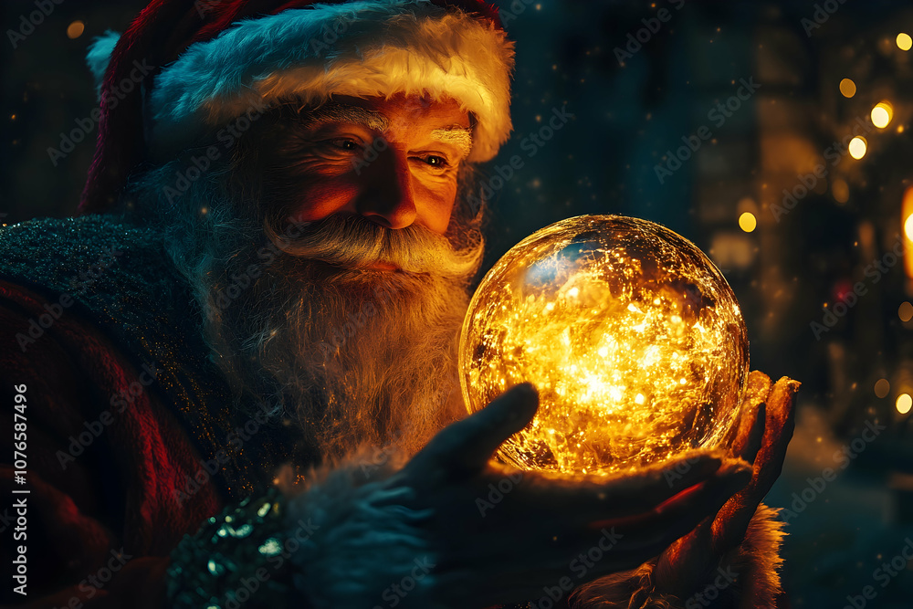Naklejka premium Santa Claus holding a glowing Christmas ball, dreamy holiday scene