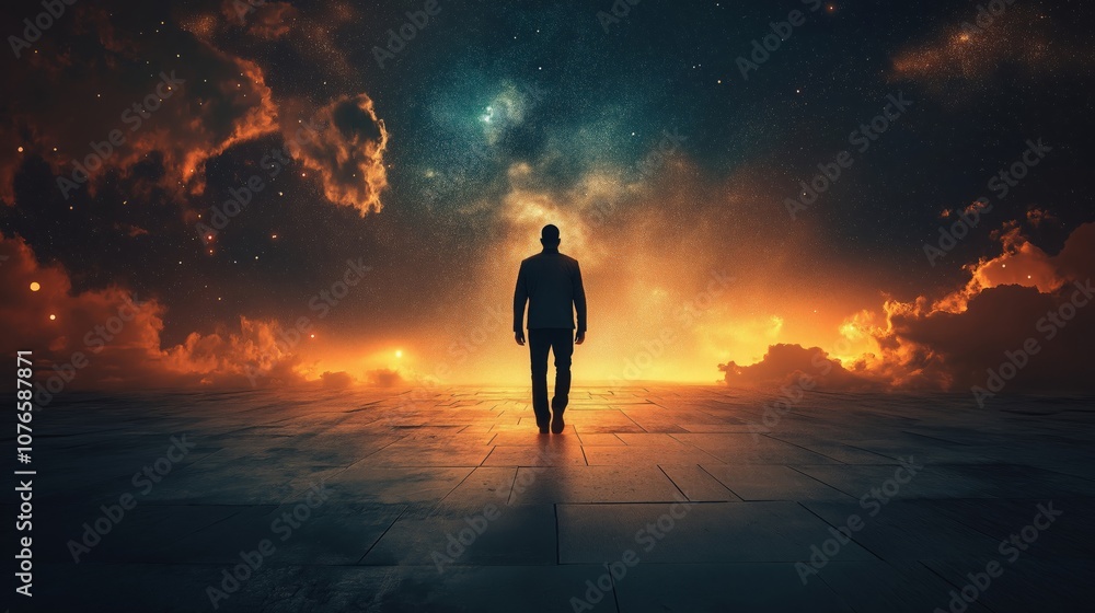 Fototapeta premium Man walking towards a starry sky at night