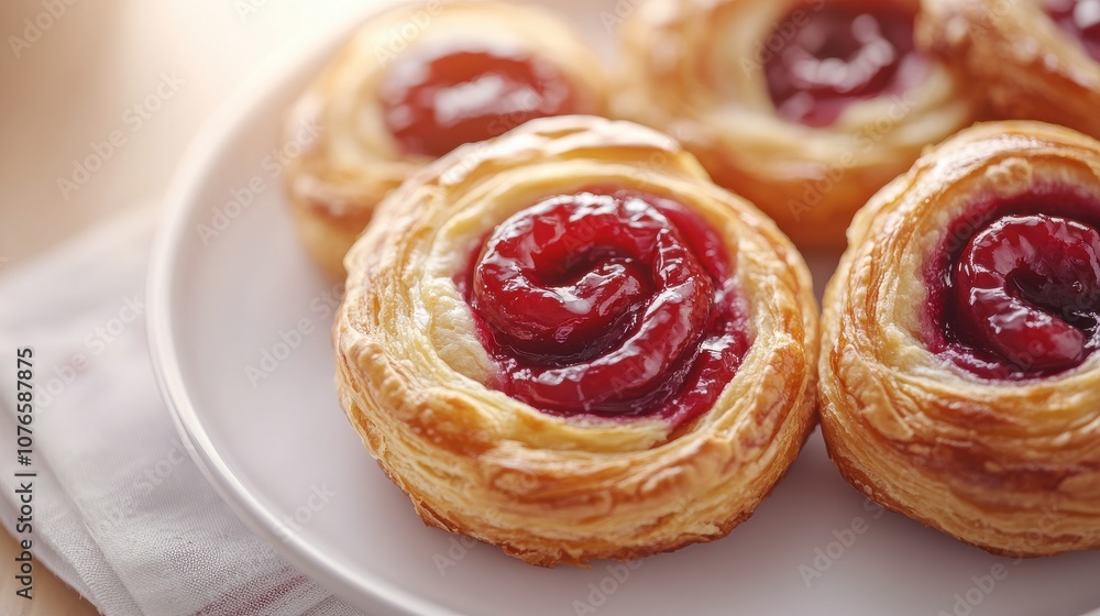 Flaky pastries are arranged on a white plate, showcasing their golden crust and sweet fruit jam filling. The cozy ambience adds warmth to the experience. Flaky pastries are arranged on a white plate, showcasing their golden crust and sweet fruit jam filling. The cozy ambience adds warmth to the experience.