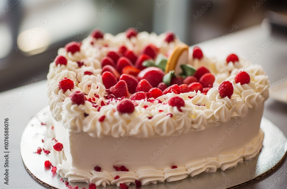 Heart shaped cake decorated with whipped cream, strawberries and raspberries Heart shaped cake decorated with whipped cream, strawberries and raspberries
