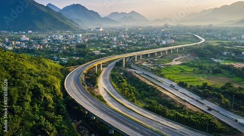 Aerial view of the construction site for a highway across a mountain