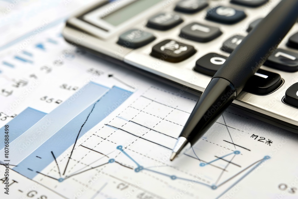 Businessman is analyzing financial charts with a calculator on a desk Businessman is analyzing financial charts with a calculator on a desk
