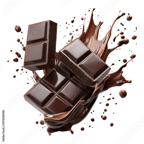 Realistic chocolate bar splash isolated on transparent background, ideal for food and dessert designs. Perfect for advertising, packaging, and branding visuals in high resolution, Generative AI