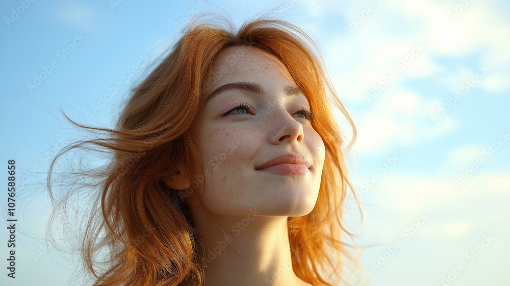 A serene young woman with flowing red hair enjoying a peaceful moment against a blue sky backdrop. A serene young woman with flowing red hair enjoying a peaceful moment against a blue sky backdrop.