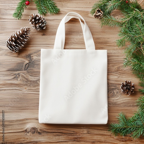 Cozy winter mock up concept. A blank reusable tote bag surrounded by pinecones and greenery, set on a wooden surface, perfect for holiday gifting or eco-friendly shopping.