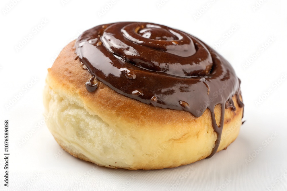 A freshly baked bun adorned with a smooth chocolate glaze, isolated on a white background to highlight its appeal A freshly baked bun adorned with a smooth chocolate glaze, isolated on a white background to highlight its appeal