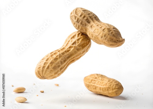 A peanut in free fall, isolated on a white background, highlighting its unique shape and the motion of descent photo