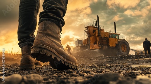 A close-up of rugged work boots on a construction site photo