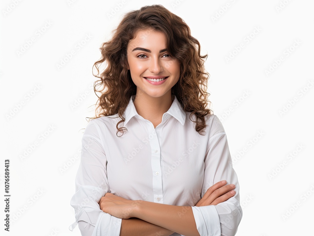 Brunette business woman smiling looking at camera isolated on white.