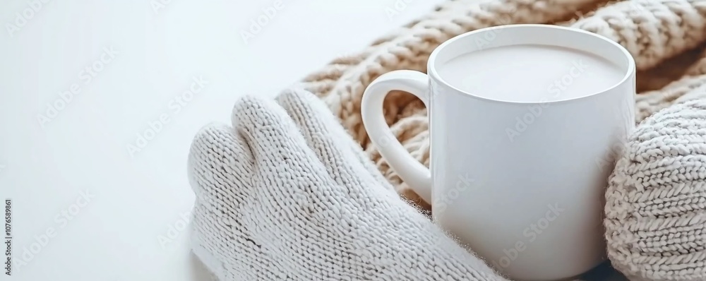 Cozy winter mock up concept. A cozy scene featuring a white mug of warm milk beside soft knitted gloves on a textured blanket, evoking a sense of warmth and comfort. Cozy winter mock up concept. A cozy scene featuring a white mug of warm milk beside soft knitted gloves on a textured blanket, evoking a sense of warmth and comfort.