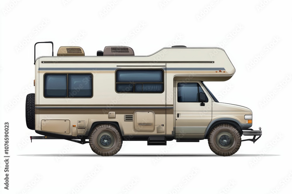 Obraz premium Beige RV with black wheels on white background.