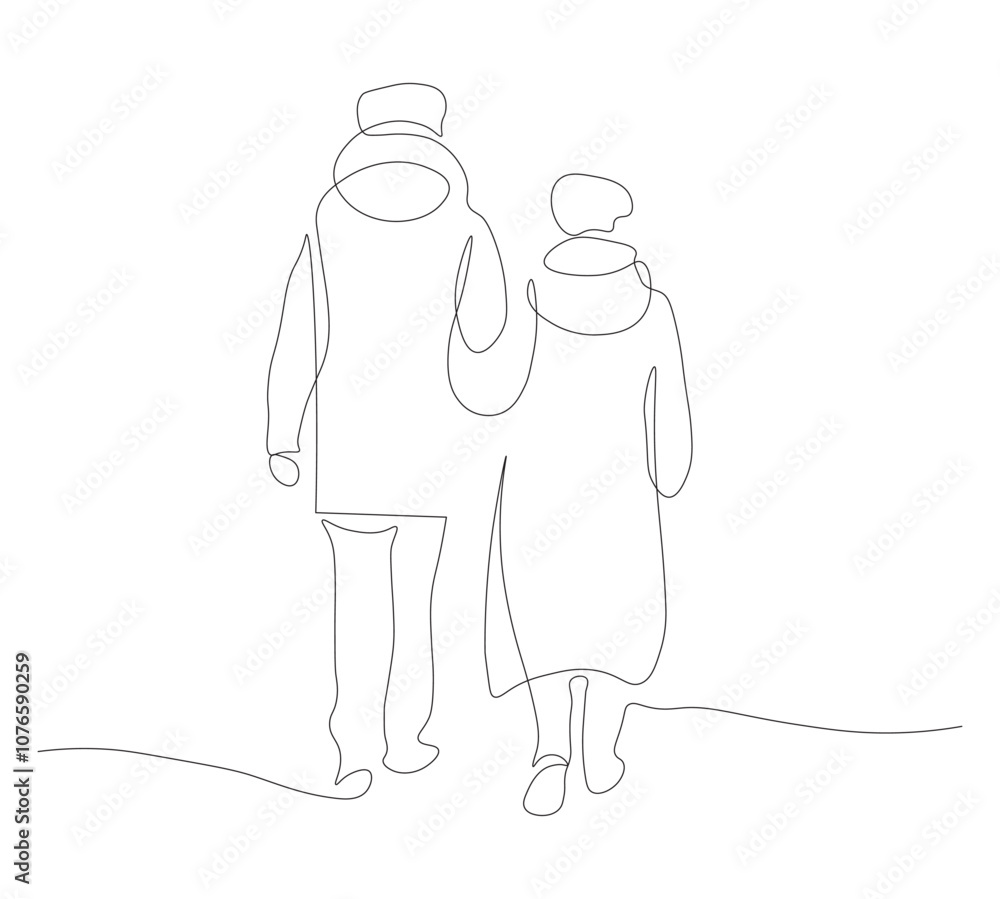 Fototapeta premium Minimalist Couple Walking Together Illustration. Simple Couple Walking Illustration on White Background. Black Linear Sketch of Couple Walking Together.