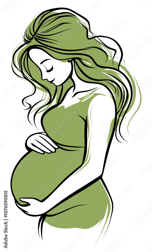 Green Pregnant Woman Line Art - Flat Vector Illustration Green Pregnant Woman Line Art - Flat Vector Illustration