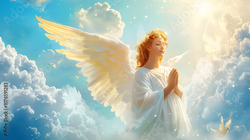 Peaceful Angel in the Clouds Surrounded by Radiance in background photo