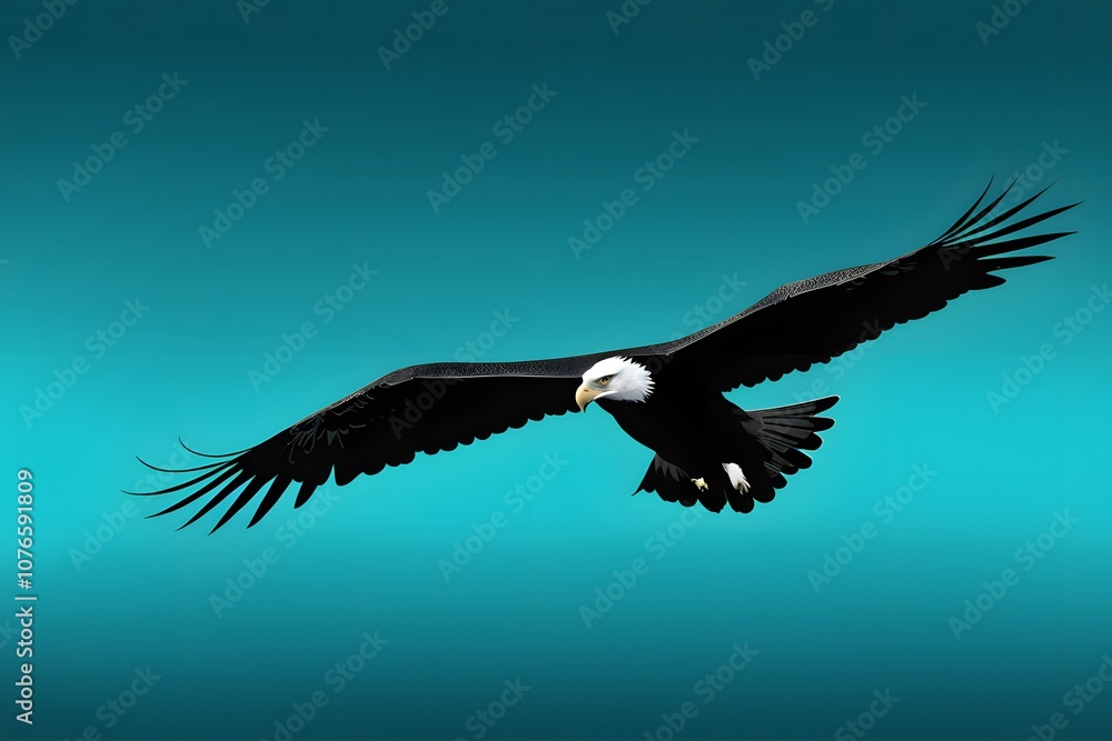 Naklejka premium Silhouetted eagle soaring in the sky with a bold teal and turquoise gradient background, Ai Generated