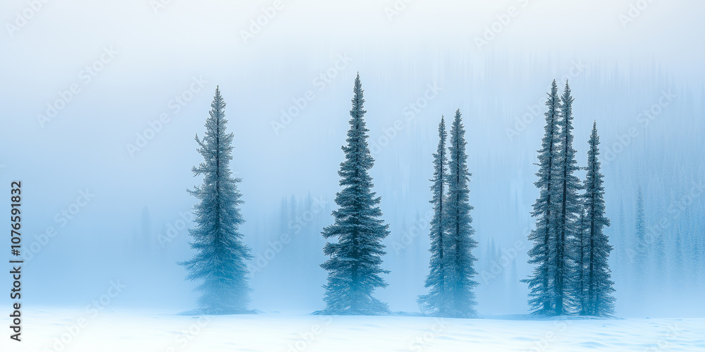 Obraz premium Serene Winter Forest With Snow-Covered Trees In Misty Landscape