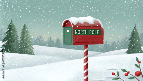 Whimsical North Pole mailbox in snowy landscape, festive winter scene, holiday spirit, copy space
