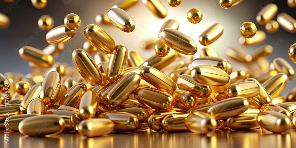 A Dynamic Display of Gold Pills in Motion - Captivating Product Photography of Gleaming Capsules Floating in the Air, Perfect for Health and Wellness Promotions, Eye-Catching Visuals for Marketing A Dynamic Display of Gold Pills in Motion - Captivating Product Photography of Gleaming Capsules Floating in the Air, Perfect for Health and Wellness Promotions, Eye-Catching Visuals for Marketing