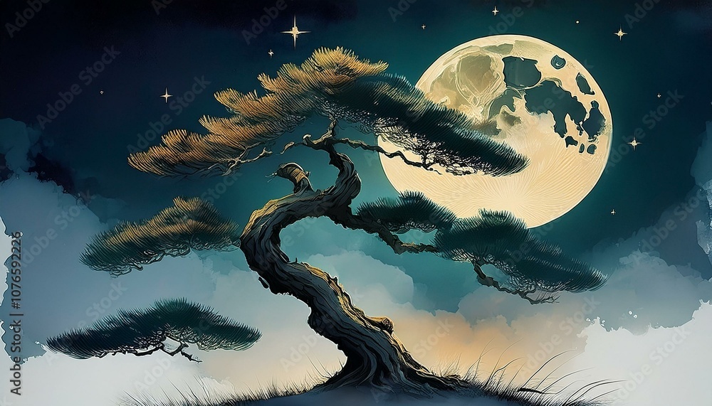 Oriental painting of pine trees and a full moon on a quiet night Oriental painting of pine trees and a full moon on a quiet night