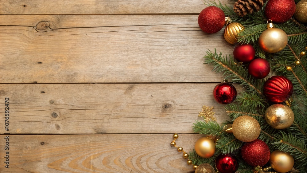 Festive Red and Gold Christmas Ornament Border on Rustic Wood Background for Holiday Decor Festive Red and Gold Christmas Ornament Border on Rustic Wood Background for Holiday Decor