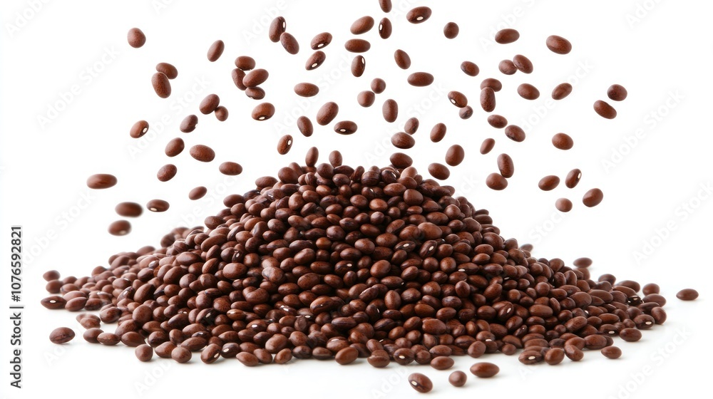 A mound of chocolate beans with some falling, emphasizing texture and abundance. A mound of chocolate beans with some falling, emphasizing texture and abundance.