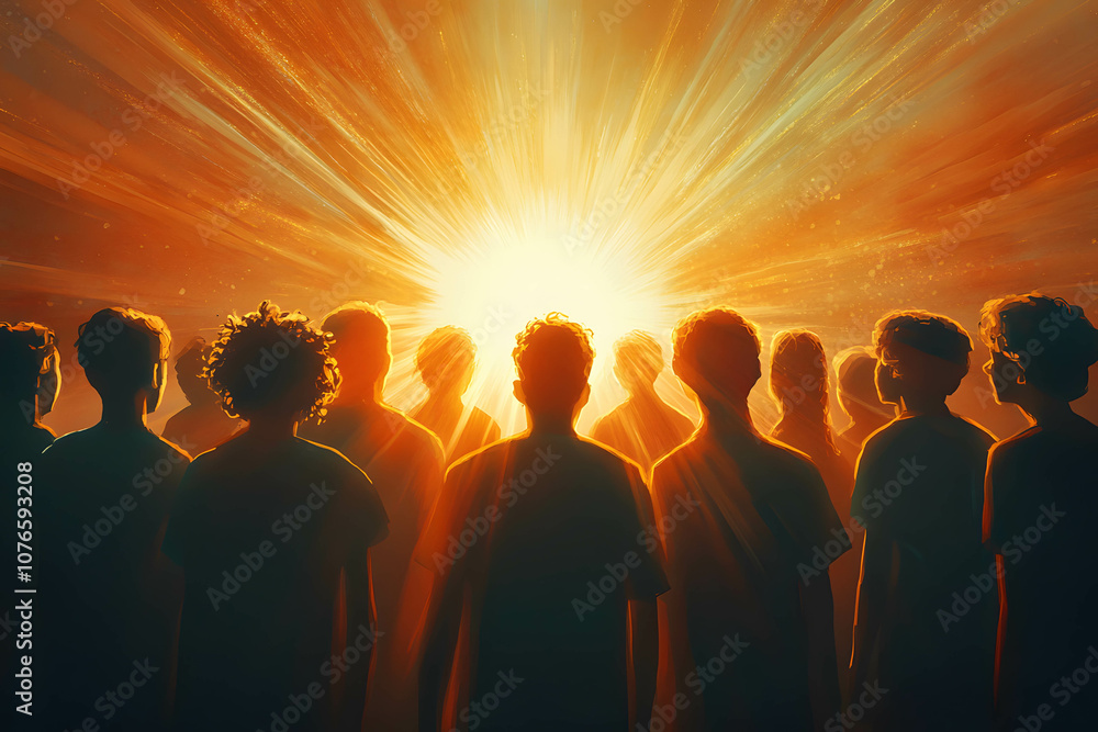 Illustration of young people standing shoulder to shoulder, light bursting from behind, symbolizing strength in unity Illustration of young people standing shoulder to shoulder, light bursting from behind, symbolizing strength in unity