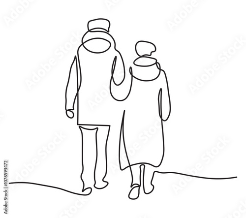 couple line art drawing style. senior man and woman walking together holding hands. sketch isolated on white background. Vector illustration.