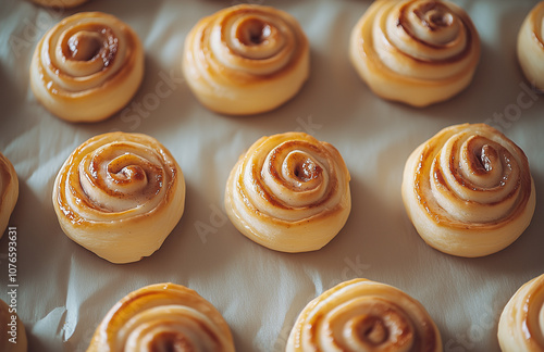 cinnamon rolls baked on parchment paper