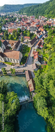 Der Blautop aus der Vogelperspektive mit Blaubeuren im Hintergrund photo