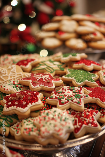 Freshly baked delicious Christmas gingerbread cookies with beautiful winter holidays decorations. Tasty pastry with frosting and sprinkle. Christmas cozy decoration.
