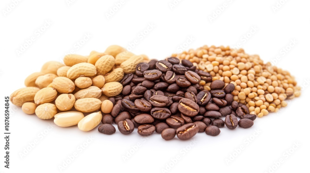 A variety of nuts, coffee beans, and mustard seeds arranged in piles on a white background. A variety of nuts, coffee beans, and mustard seeds arranged in piles on a white background.