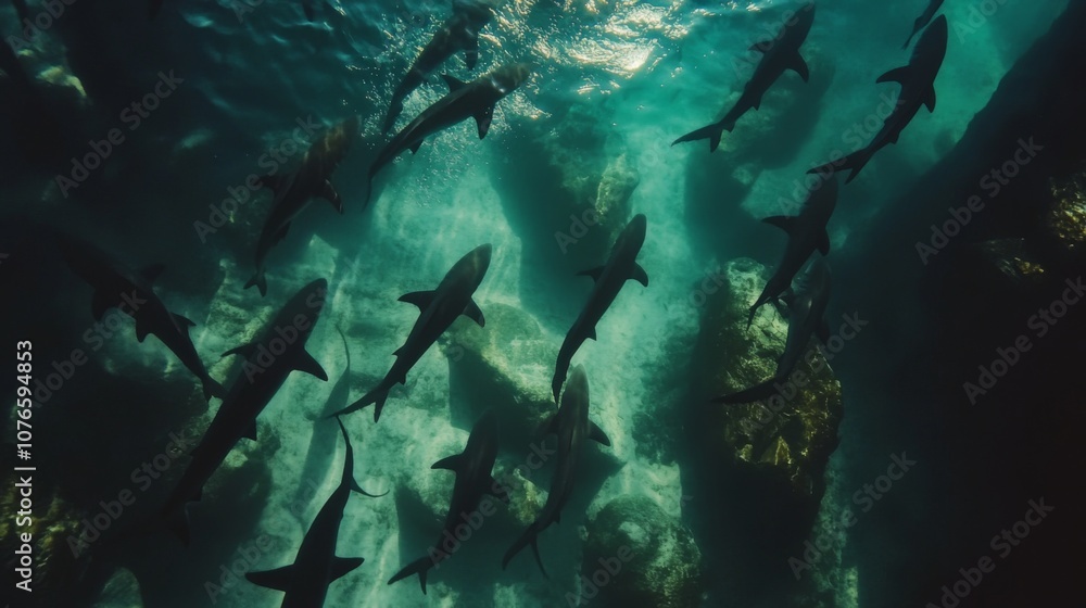 Fototapeta premium Group of sharks swimming together in deep waters