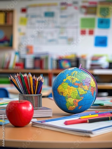 A globe on a table in an elementary school classroom, surrounded by books and stationery, with generative ai