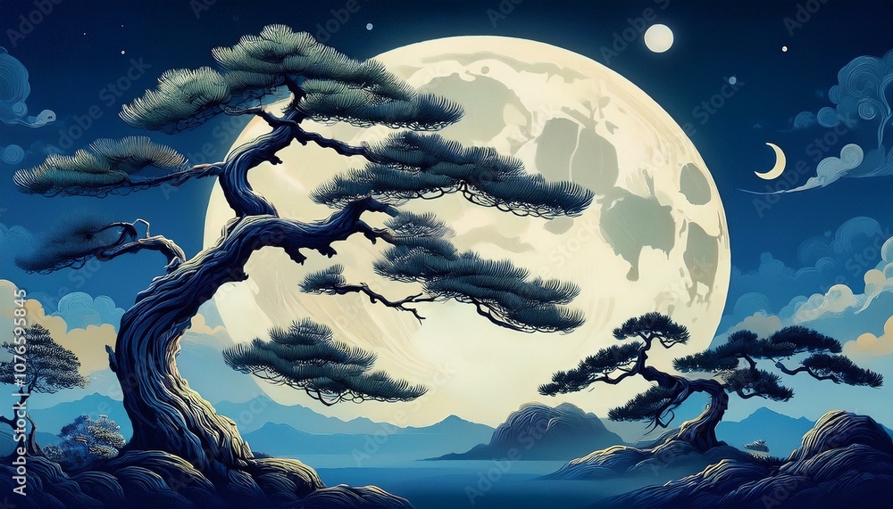 Oriental painting of pine trees and a full moon on a quiet night Oriental painting of pine trees and a full moon on a quiet night