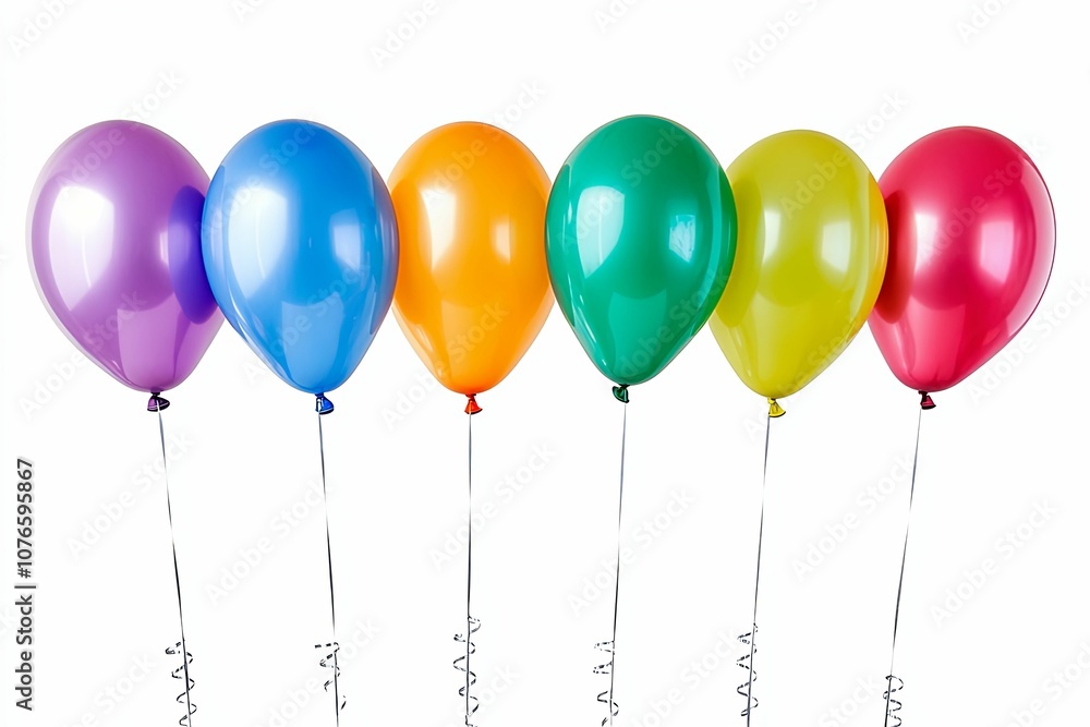Six Colorful Balloons with Black Ribbons on a White Background Six Colorful Balloons with Black Ribbons on a White Background