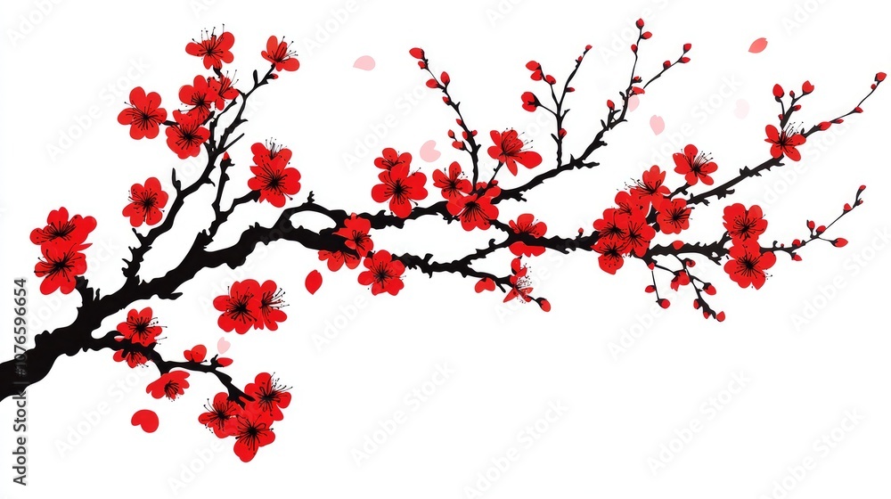Fototapeta premium A stunning illustration of a vibrant red cherry blossom branch against a white background, symbolizing beauty and renewal.