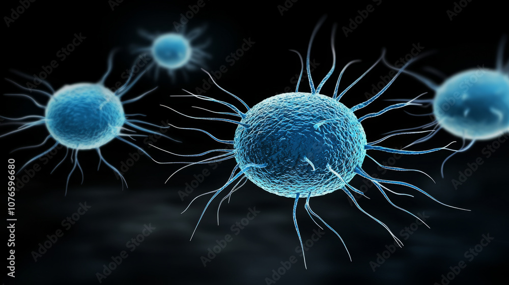 close up view of blue natural killer cells with long projections, showcasing their unique structure and function in immune system. These cells play crucial role in fighting infections and tumors close up view of blue natural killer cells with long projections, showcasing their unique structure and function in immune system. These cells play crucial role in fighting infections and tumors