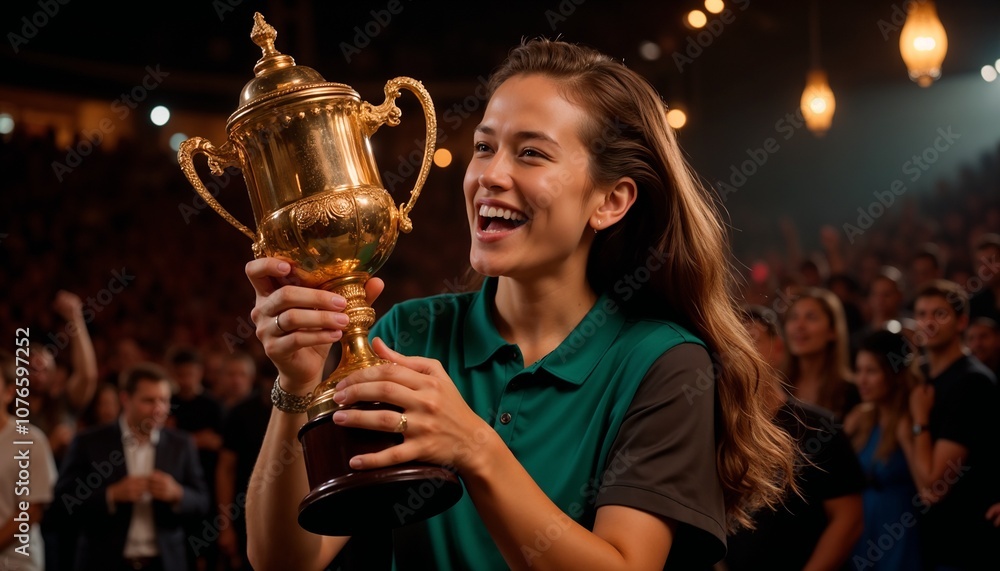 Smiling woman holding a trophy in a cheering crowd. Hands lifting trophy . Winner receiving prize . Prize ceremony.Award with applause. Prize winner holding trophy . Golden victory trophy . Smiling woman holding a trophy in a cheering crowd. Hands lifting trophy . Winner receiving prize . Prize ceremony.Award with applause. Prize winner holding trophy . Golden victory trophy .