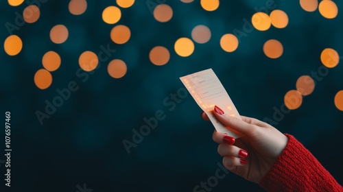 Woman s Hand Holding a Paper Ticket with Bokeh Lights in the Background