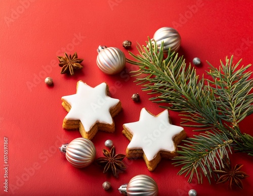 Cinnamom star shaped cookies on red background.with spices and Christmas decorations. Swiss Zimtsterne  photo